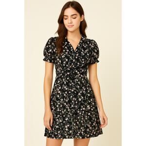 Love Tree Black Floral Puff Sleeve Button Front Dress - Size Small